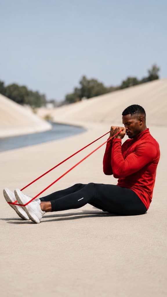 Athlete performing a face pull with a resistance band outdoors