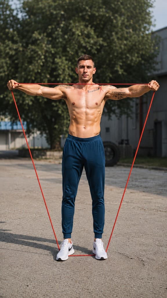 Athlete performing a lateral raise with a resistance band outdoors