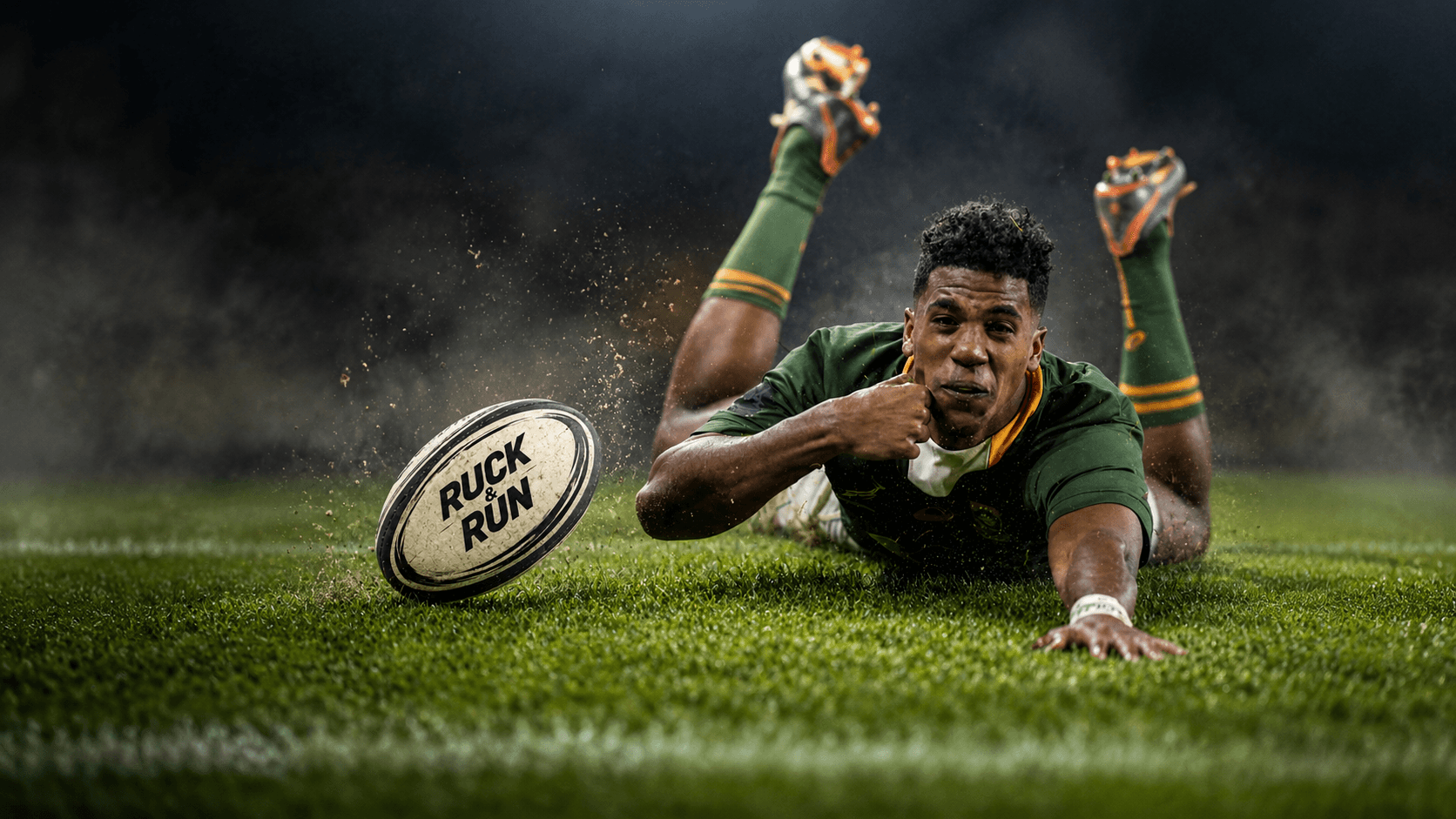 Ruck & Run Rugby player scoring a try under stadium lights